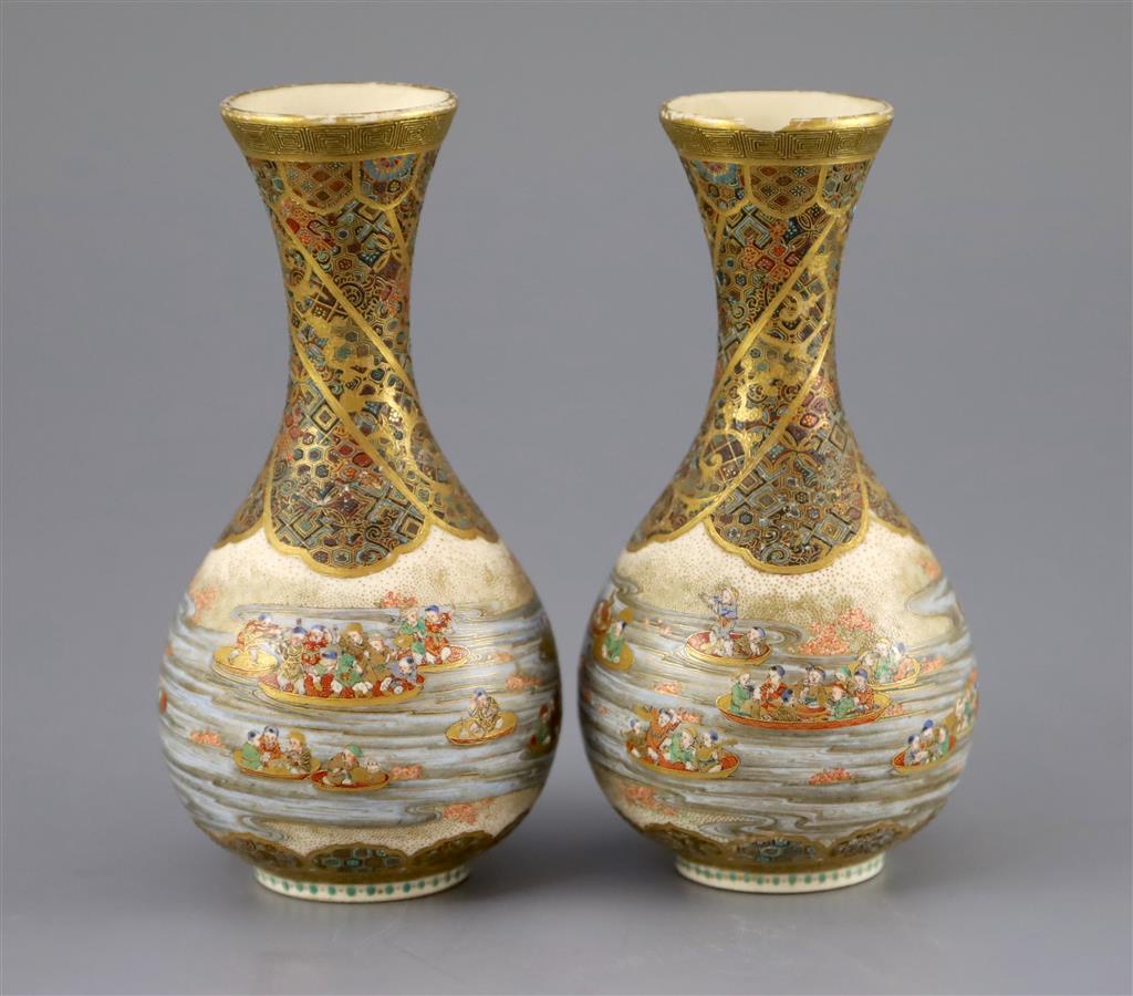 A pair of Japanese Satsuma pottery bottle vases, by Yabu Meizan, Meiji period, 12.5cm high